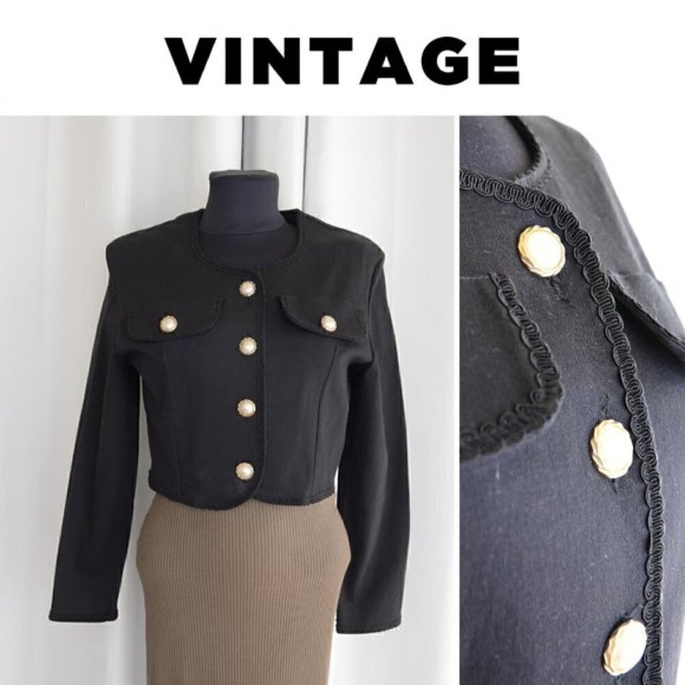 Vintage Black Cropped Pearl Button Blazer Sz M